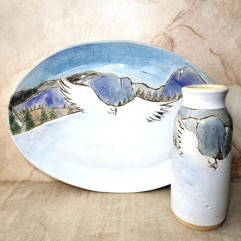 Abound Tuit Pottery Platter Vase Set Mountain Scene Hawk Signed Vintage Decor